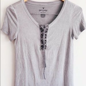 AEO Soft & Sexy Gray Lace Up Short Sleeve T-SHIRT